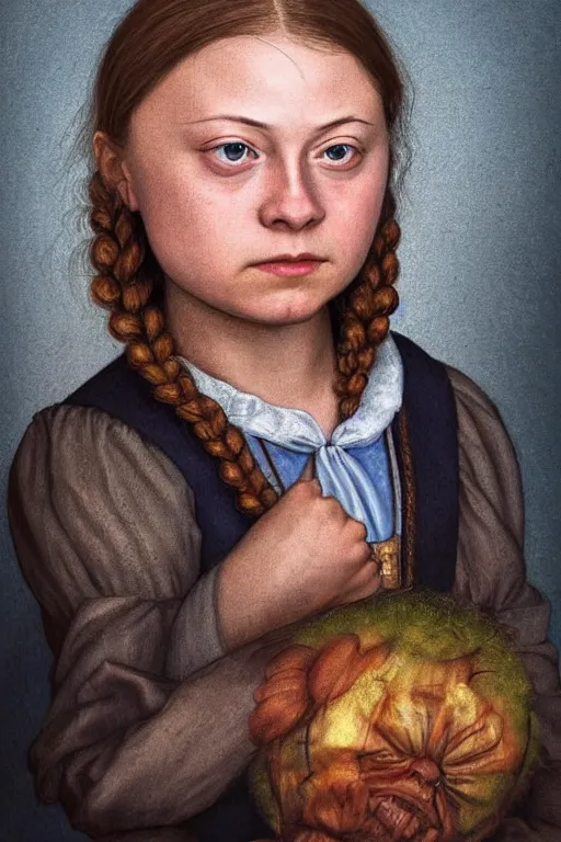 Prompt: greta thunberg as a cute Lucas Cranach the Elder Oil Painting, head and shoulders, epic, vivid colors, high details, cinematic, 8k resolution, beautiful detailed, photorealistic, digital painting, artstation, concept art, smooth, sharp focus, illustration, fantasy background, artstation trending, octane render, unreal engine