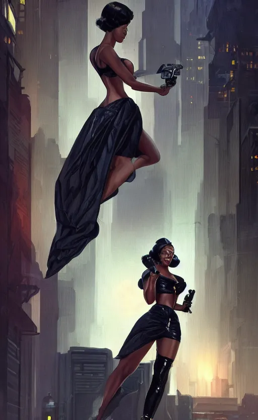 Prompt: an attractive young Black female, clothed like a 1940s femme fatale, holding a sci-fi pistol, intricate, elegant, highly detailed, digital painting, film noir lighting, Blade Runner city background, trending on artstation, concept art, smooth, sharp focus, illustration, art by artgerm and greg rutkowski and alphonse mucha