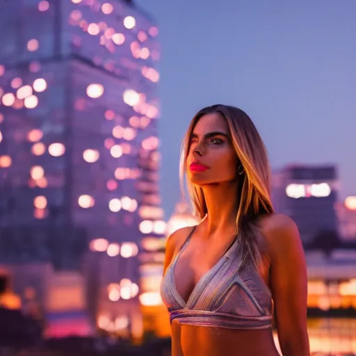 Image similar to a still of sofia vegara. Shallow depth of field. City at night in background, lights, colors ,studio lighting, mood, 4K. Profession photography