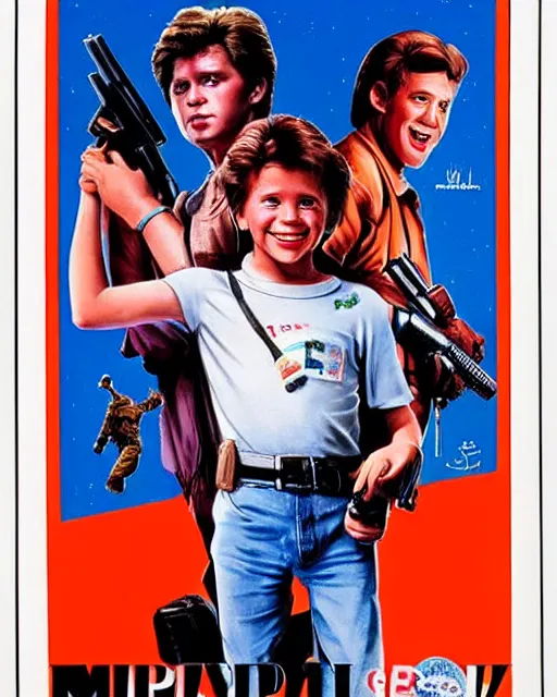 Prompt: 80s movie poster where a happy boy befriends a magic GLOCK 17, Drew Struzan