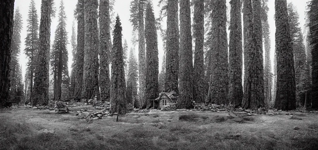 Image similar to house built into and inside a single giant sequoia surrounded by grove of dead birches. photograph by jerry uelsmann. fujinon premista 1 9 - 4 5 mm t 2. 9. portra 8 0 0.