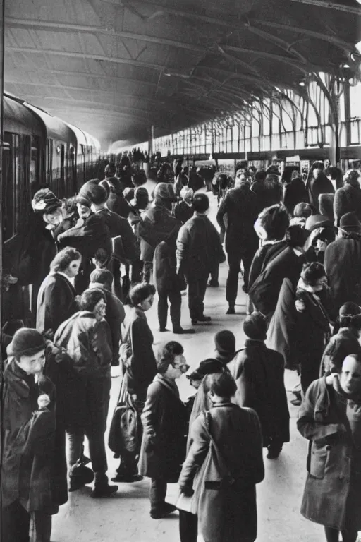 Prompt: small people inside of a tall railway station, photo by Brassaï,