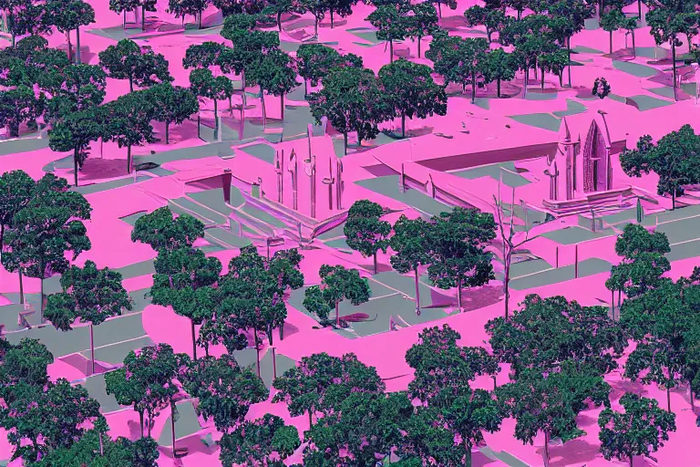 Image similar to aerial helicopter view over Maringá's Cathedral, lot of trees, some Ipê pink trees, retro futuristic illustration, made by Syd Mead. High density, ultra detailed