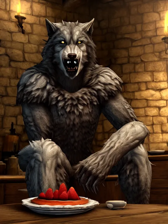 Image similar to cute handsome cuddly burly surly relaxed calm timid werewolf from van helsing sitting down at the breakfast table in the kitchen of a normal suburban home having fun baking strawberry tart cakes unreal engine hyperreallistic render 8k character concept art masterpiece screenshot from the video game the Elder Scrolls V: Skyrim