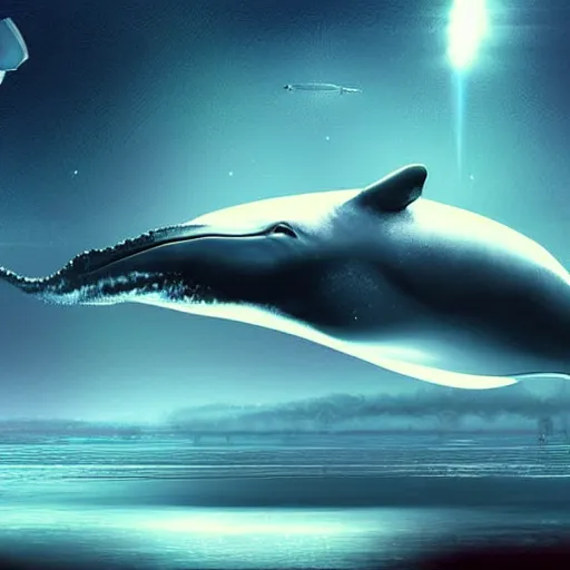 Prompt: a whale wistfully watching a futuristic spaceship fly away, sci-fi digital art illustration,