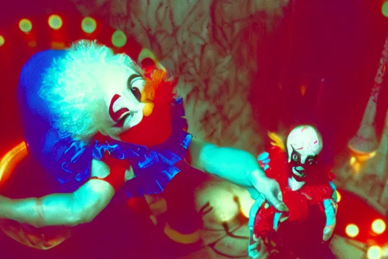 Image similar to cute clown in clowncore funhouse, fractal, in 1 9 9 2, y 2 k cutecore clowncore, low - light photography, bathed in the glow of a crt monitor, still from a ridley scott movie