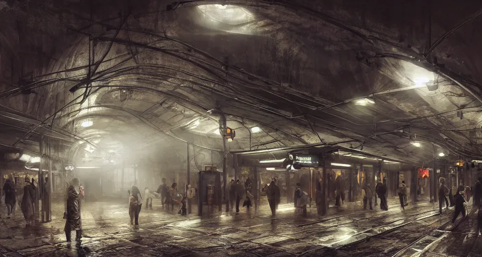 Prompt: cluster phobic market in an underground dystopian subway by eugene von guerard, ivan shishkin, dramatic lighting, concept art, trending on artstation