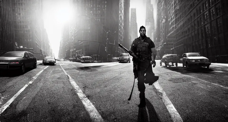 Prompt: the german shepherd of i am legend in new york, graphic novel style, octane render, unreal engine, sundown, empty streets