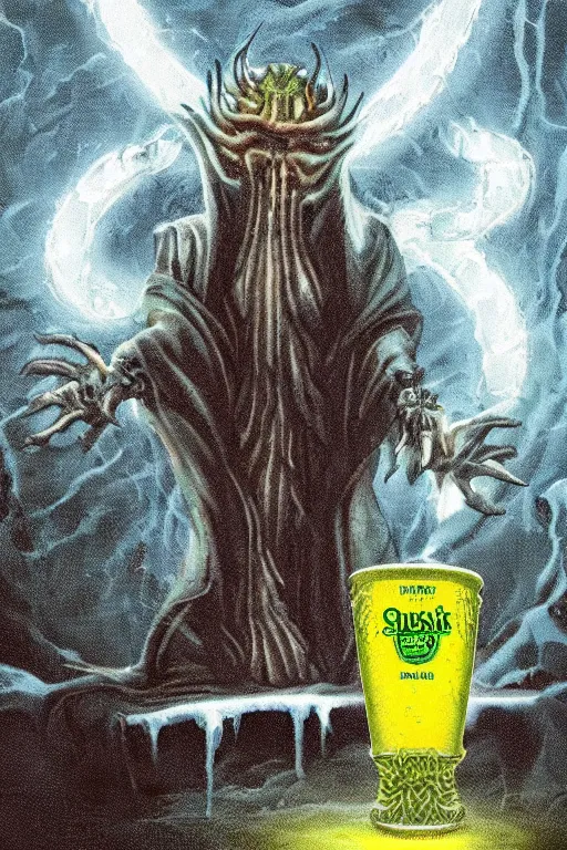 Prompt: hastur throwing back an ice cold natty lite