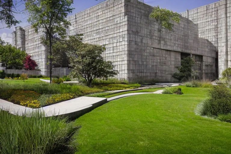 Prompt: beautiful landscaping, brutalist architecture, olmsted, masterpiece