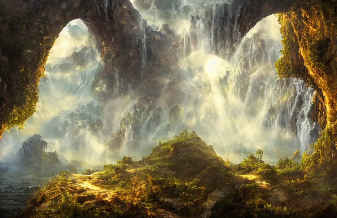 Image similar to a huge arc far away in the style of hans - werner sahm, detailed dreamscape, hyperreal phantastic, intricate details in environment, golden ratio, high aestehtic, waterfalls and lakes, cinematic light dramatic light, lightrays, flying birds in distance, trending on artstation