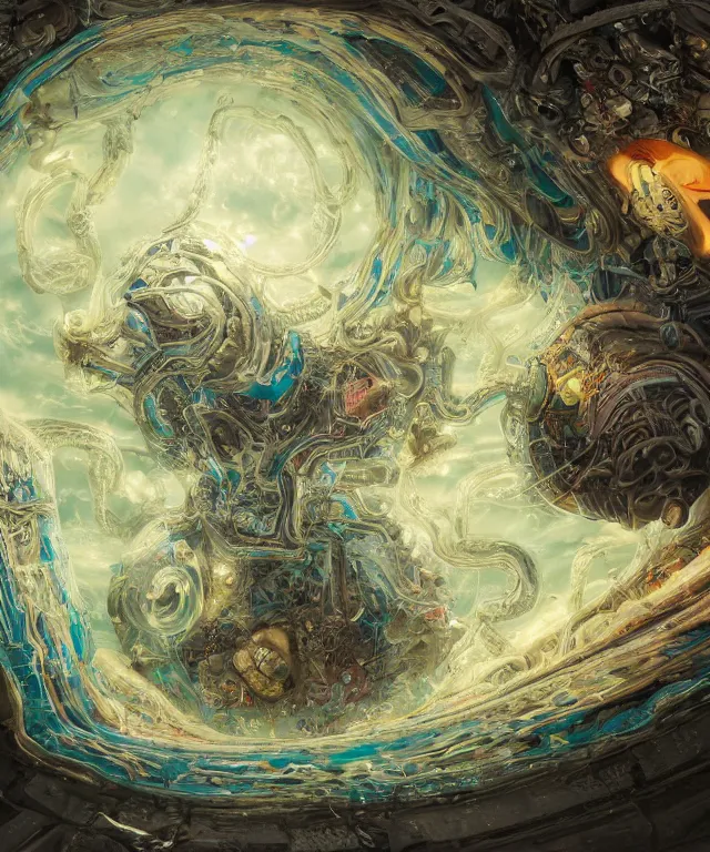 Image similar to hyperdetailed maximalist artwork by billelis inspired by oozium. Artstation. 8k 4k 64megapixels seen from below. Ant's eye perspective. Focus Giant floating alabaster skull drapped over with 1000 twirling emerald snakes. Unreal engine 5. Surreal render. Slightly blurry speedpainted minimal Swiss landscape below in the style of loish and holosomnia. Unrealistic harmonic colors. Sundown.