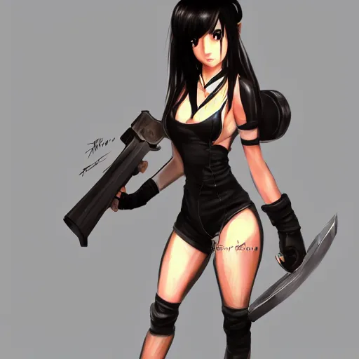 Image similar to concept art of tifa lockhart holding unusual weapon, showing face and body, trending on artstation