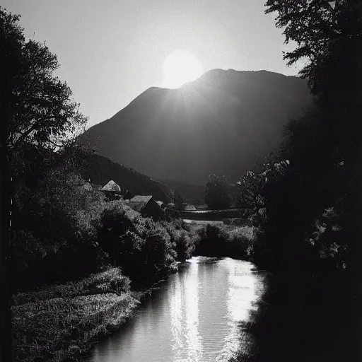 Prompt: The photograph is of a small village with a river running through it. In the distance, there are mountains. The sky is clear and the sun is shining. sapphire by Robert Stivers, by Phil Noto evocative