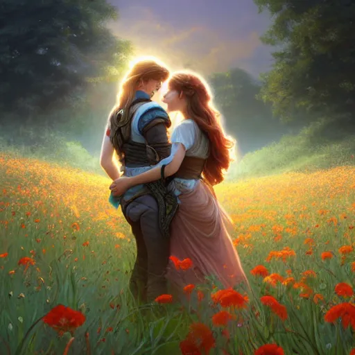 Image similar to a young couple hugging each other in a flower field at sundown, D&D, fantasy, intricate, elegant, highly detailed, digital painting, artstation, concept art, matte, sharp focus, illustration, hearthstone, art by Artgerm and Greg Rutkowski and Alphonse Mucha
