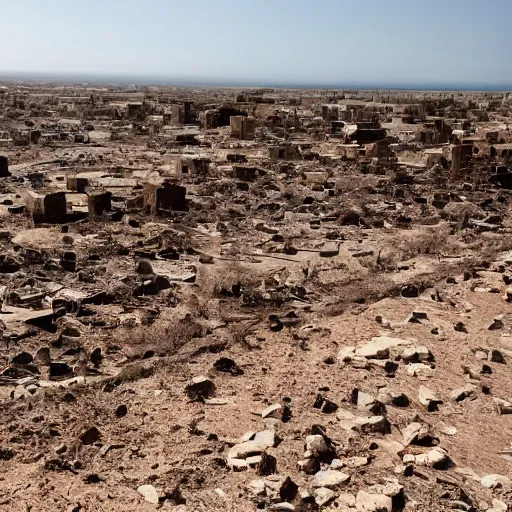 Image similar to a photo of a place where the desert meets the ocean, a ruined city in view, a survivor looks into the camera W 1024