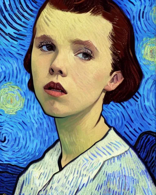 Image similar to portrait of millie bobby brown by vincent van gogh, digital art