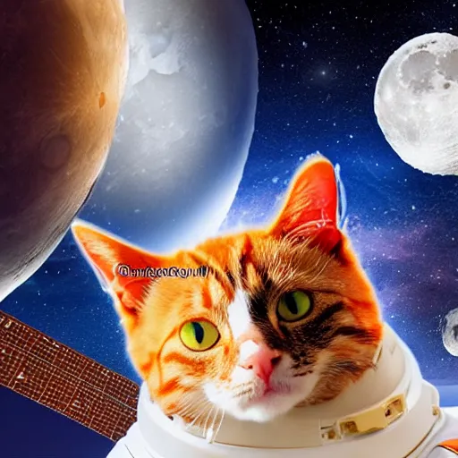 Image similar to a cat astronaut in space looking at the moon