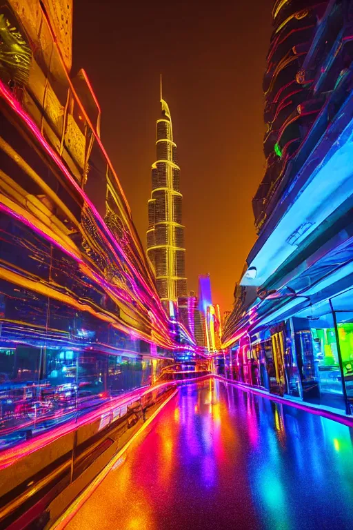 Prompt: neon streets of dubai, 4 k, award winning photo