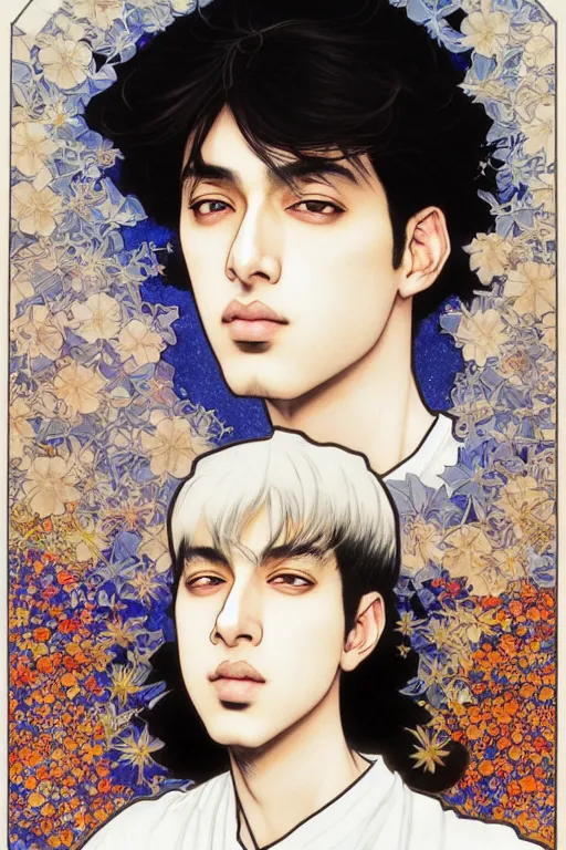 Image similar to beautiful medium shot manga portrait of mahmood inspired by ayami kojima with short hair dressed with a white t - shirt, white background white bank studio light, art by yoshitaka amano, alfons mucha, hiroaki samura, jiro matsumoto and yusuke murata, sharp focus, high quality, 8 k