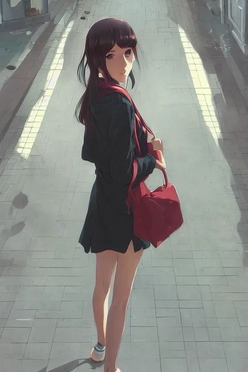 Prompt: a girl in the mall, full body shot, intriguing outfit, fine - face, realistic shaded perfect body, fine details. night setting. very anime style. realistic shaded lighting poster by ilya kuvshinov katsuhiro, magali villeneuve, artgerm, jeremy lipkin and michael garmash, rob rey and kentaro miura style, trending on art station