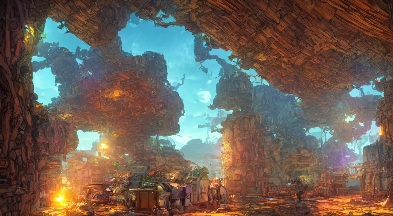 Prompt: open door wood wall fortress airship greeble block amazon jungle on portal unknow world ambiant fornite colorful radiating a glowing aura global illumination ray tracing hdr that looks like it is from borderlands and by feng zhu and loish and laurie greasley, victo ngai, andreas rocha, john harris