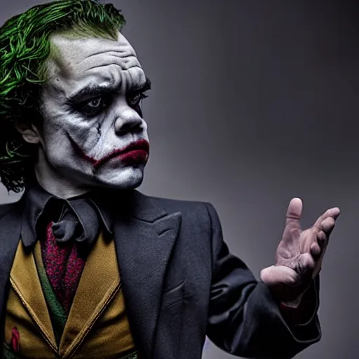 Image similar to stunning awe inspiring peter dinklage as the joker, movie still 8 k hdr atmospheric lighting