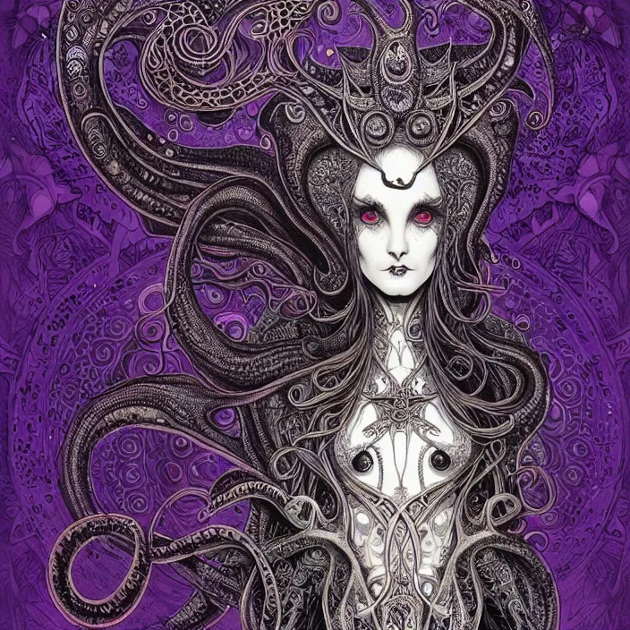 Image similar to depicting a highly detailed beautiful lovecraftian female priestess, in the style of joe fenton, dynamic energetic pose, exuberant organic elegant forms, perfect face, pale skin, by dan hillier : : 1. 4 purple, red, blue, green, black intricate mandala explosions : : intuit art : : turbulent water backdrop : : damask wallpaper : : atmospheric