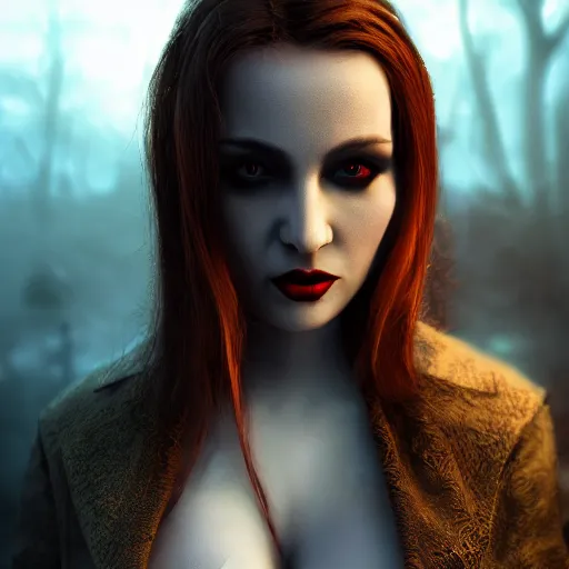 Image similar to hd photo of a lady vampire, high definition, detailed, atmospheric lighting, golden hour, ominous, 8K detail post-processing, artstation