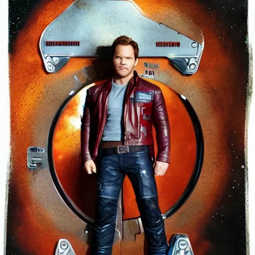 Image similar to the actor chris pratt as star lord posing with the doll chucky from the movie child's play, inside a starship, oil painting, by greg rutkowski