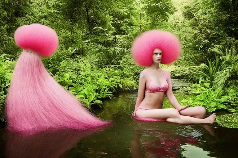 Image similar to 1 9 7 6 woman with huge pink candy floss hair floats in a pond, surrounded by a detailed forrest of lily leaves, deep focus, intricate, elegant, highly detailed, matte, sharp focus, photography of gregory crewdson