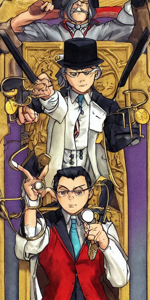 Image similar to the judge from Ace Attorney dressed as justice with a scale in one hand. Tarot card Justice