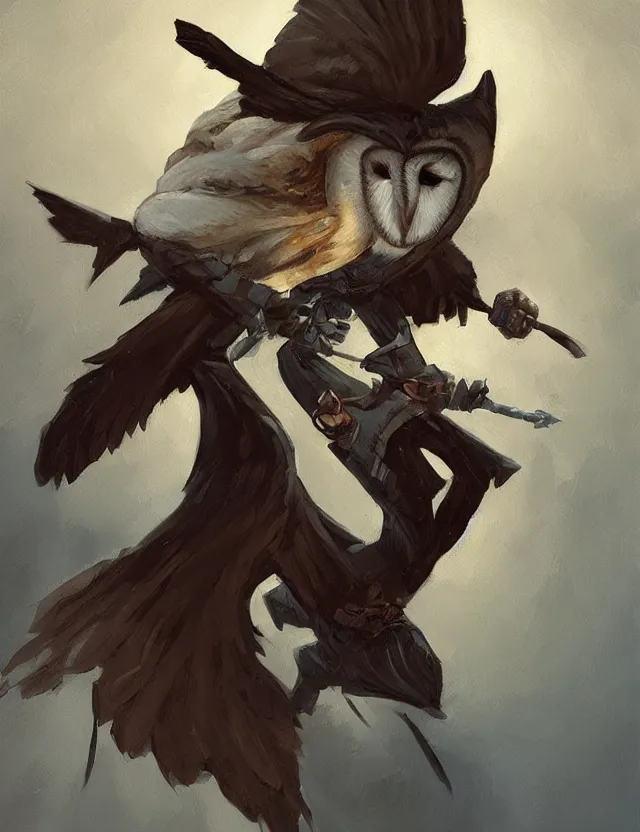 Prompt: barn owl rogue. this heavily stylized oil painting by the award - winning comic artist has interesting color contrasts, plenty of details and impeccable lighting.