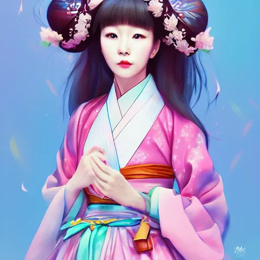 Image similar to pretty korean woman wearing beatiful hanbok, face by artgerm, bright pastel colors, studio ghibli painterly style, trending on artstation, tarot card