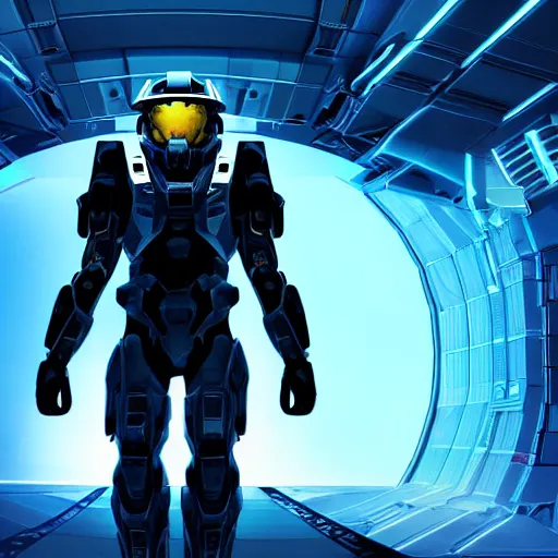 Image similar to cyberpunk halo character walking on a space bridge, helmet shot, reflection, epic, dramatic, cinematic, award winning, ultra detailed, realistic