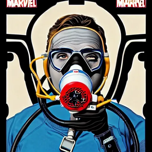 Prompt: portrait of a male diver with a oxygen mask intricate detailed mask with front profile by MARVEL comics and Sandra Chevrier