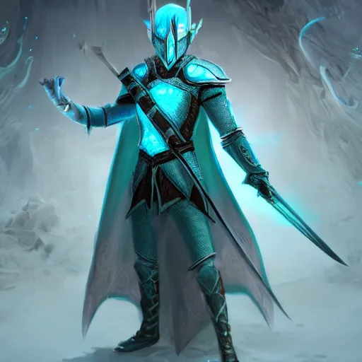 Prompt: handsome male snow elf in a turquoise cape and silver ornate armour, albino skin, elden ring, realistic, dnd character portrait, full body, dnd, rpg, lotr game design fanart by concept art, behance hd, artstation, deviantart, global illumination radiating a glowing aura global illumination ray tracing hdr render in unreal engine 5