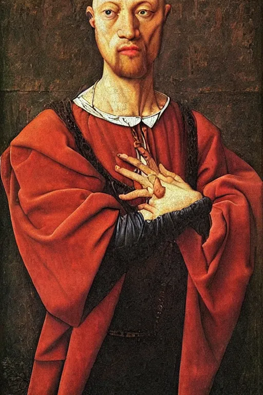 Image similar to renaissance 1 6 0 0 portrait of dwyane the rock, oil painting by jan van eyck, northern renaissance art, oil on canvas, wet - on - wet technique, realistic, expressive emotions, intricate textures, illusionistic detail