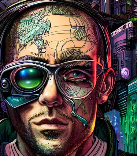 Prompt: hyper detailed comic illustration of a cyberpunk gangster, cybernetics on his face, by Android Jones intricate details, vibrant, solid background, low angle fish eye lens