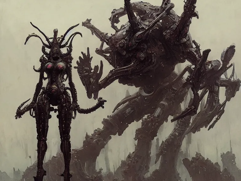 Image similar to still frame from Prometheus by Jakub Rozalski and utagawa kuniyoshi, infinite Hell Scape with gigantic khorn mecha demon and ornate bio cyborgs by Wayne Barlowe by peter Mohrbacher by demizu posuka by Sui Ishida, dressed by Alexander McQueen and by Neri Oxman, metal couture hate couture editorial