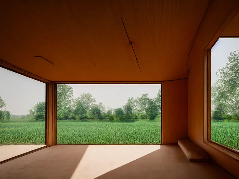 Image similar to hyperrealism design by frank lloyd wright and kenzo tange photography of beautiful detailed small house around the forest in small ukrainian village by taras shevchenko and wes anderson and caravaggio, wheat field behind the house, volumetric natural light