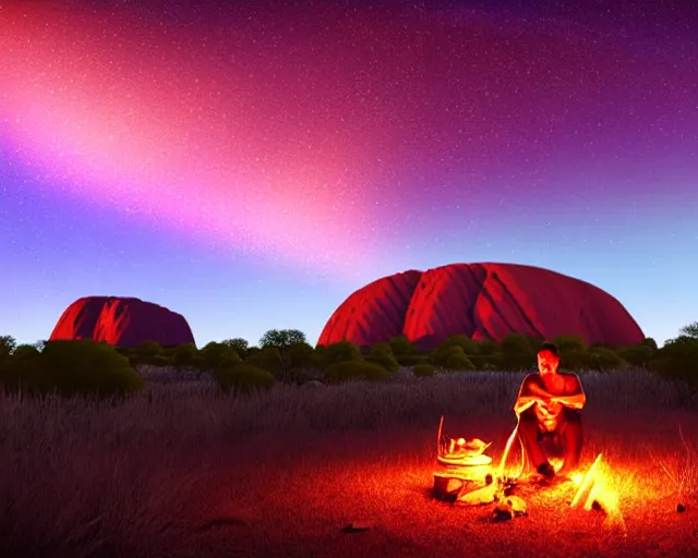 Image similar to close - up of man sitting playing medicine drum at campfire under cosmic night sky with uluru in background, global illumination radiating a glowing aura global illumination ray tracing hdr render in unreal engine 5, dramatic atmospheric volumetric lighting