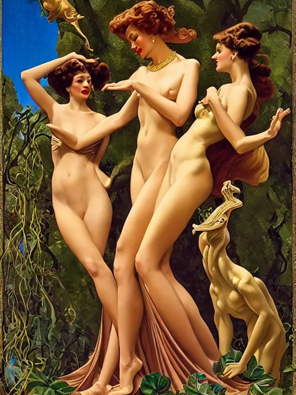 Image similar to Zendaya as the three graces, a beautiful art nouveau portrait by Gil Elvgren and Gerald Brom and Alberto Vargas and Bill Henson, Nile river water garden environment, centered composition, defined features, golden ratio, golden jewelry