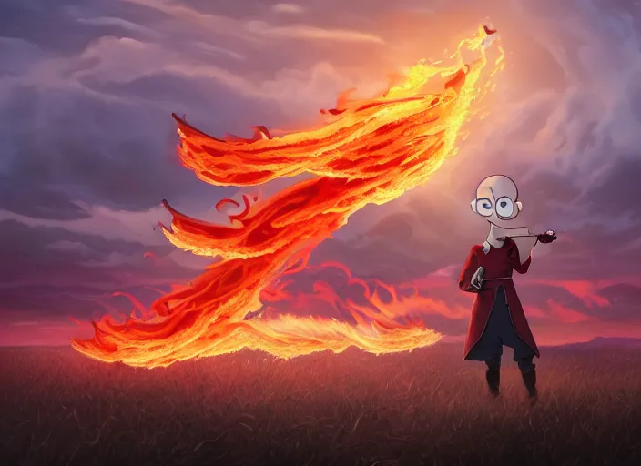 Image similar to squidward wearing fire nation clothing and practicing firebending in an open field at susnset, digital art, highly detailed, intricate, 8 k, greg rutkowski, artgerm