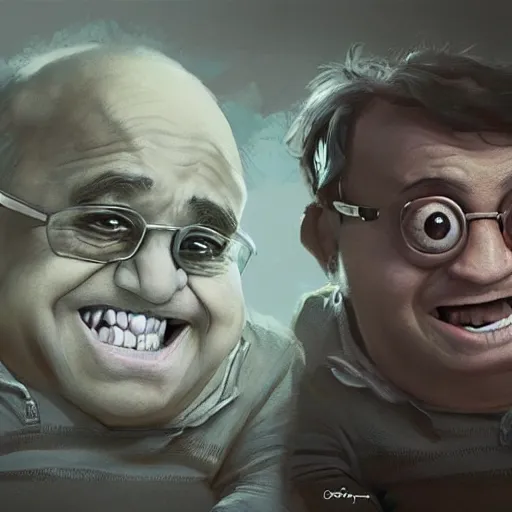 Image similar to danny devito morphing into a minion, digital art by greg rutkowski