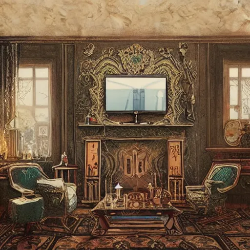 Prompt: intricate detailed victorian goth interior of a vintage 1 9 7 0 s living room with wooden tv by peter mohrbacher and dan mumford, cgsociety