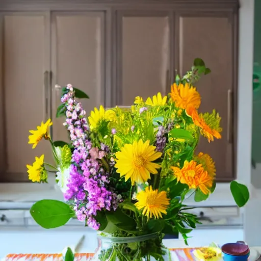 Prompt: a beautiful bouquet of summer flowers in a vase on the kitchen table