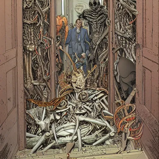 Prompt: opening a door to an impossible nightmare beyond comprehension, very very detailed painting by geof darrow and greg rutowski and hr giger