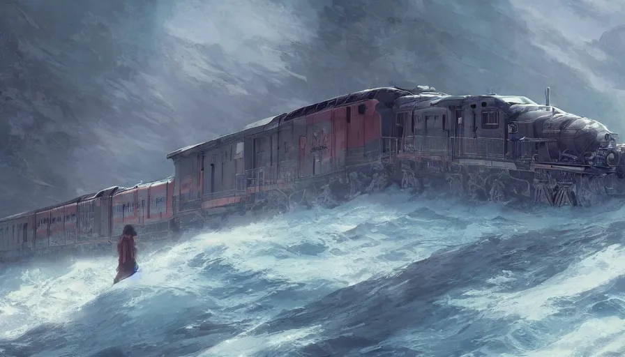 Image similar to craig mullins and ghibli digital illustration of a long dragon - style train in deep ocean unreal engine, hyper realism, realistic shading, cinematic composition, realistic render, octane render, detailed textures, photorealistic, wide shot