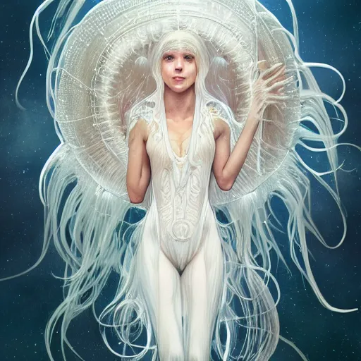 Image similar to a photograpic portrait of a anthropomorphic jellyfish wearing white clothes, fantasy, intricate, elegant, highly detailed, digital painting, artstation, concept art, smooth, sharp focus, illustration, art by artgerm and H R Giger and alphonse mucha